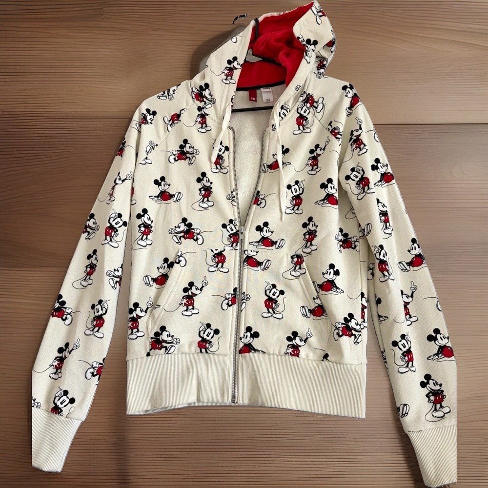 Disney Mickey Mouse Girls 10 Full Zip Cotton Fleece Hoodie Pockets Beige